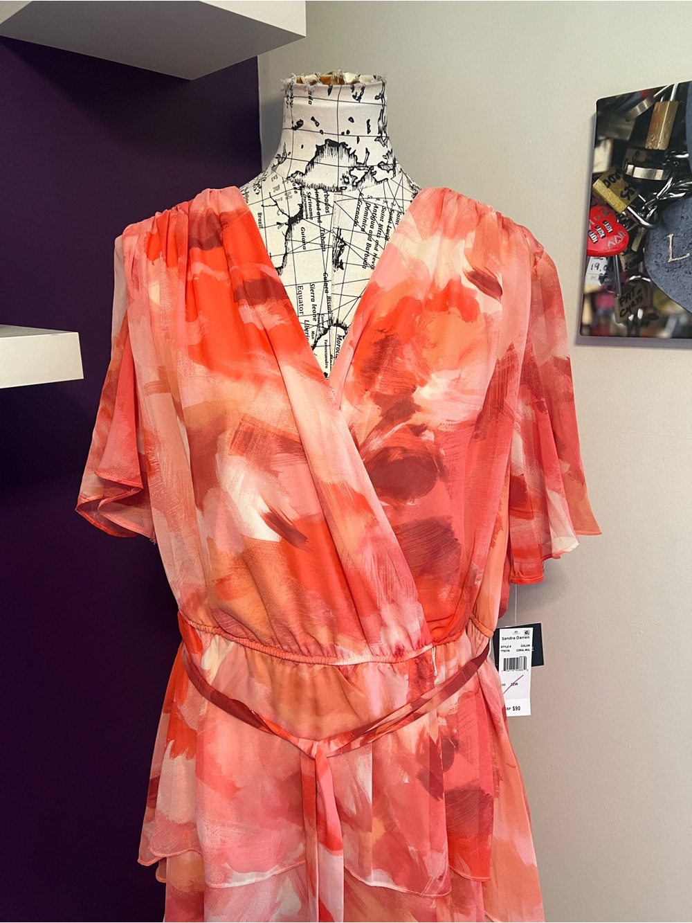 Sandra Darren Plus Size Coral-Pink Tiered Faux Wrap Midi Dress NWT - Picture 2 of 10